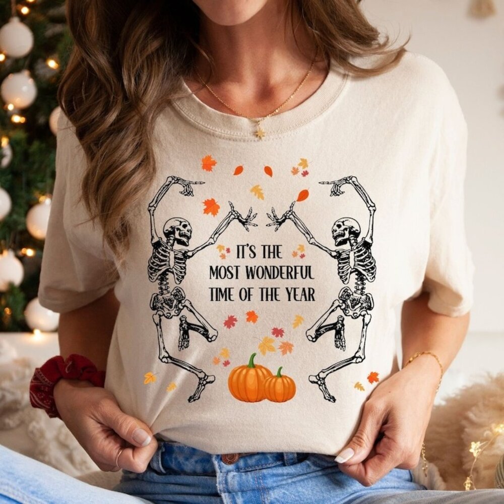 Dancing Skeletons Pumpkins And Autumn Leaves, Graphic Halloween Shirt